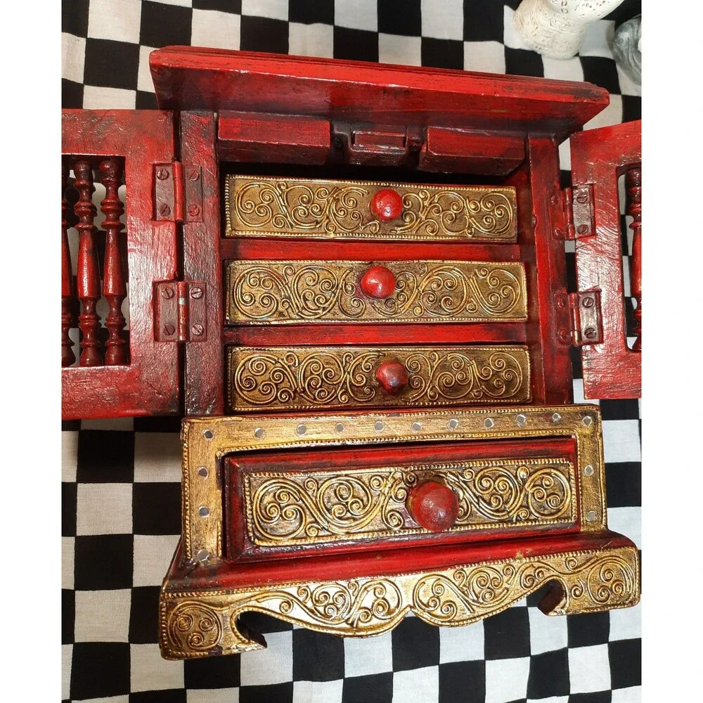 Vintage Handcrafted Thai Lanna Wooden Jewelry Box Armoire